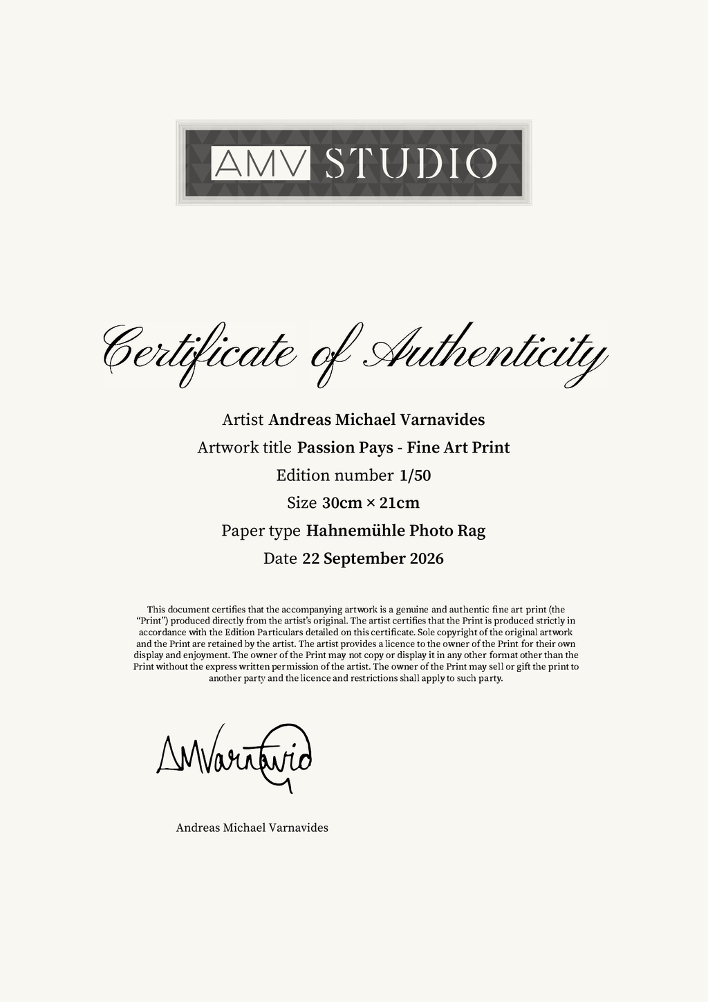 Passion Pays - Fine Art Print — Certificate of Authenticity