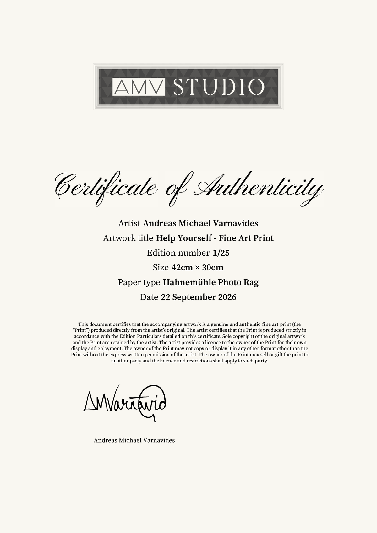 Help Yourself - Fine Art Print — Certificate of Authenticity
