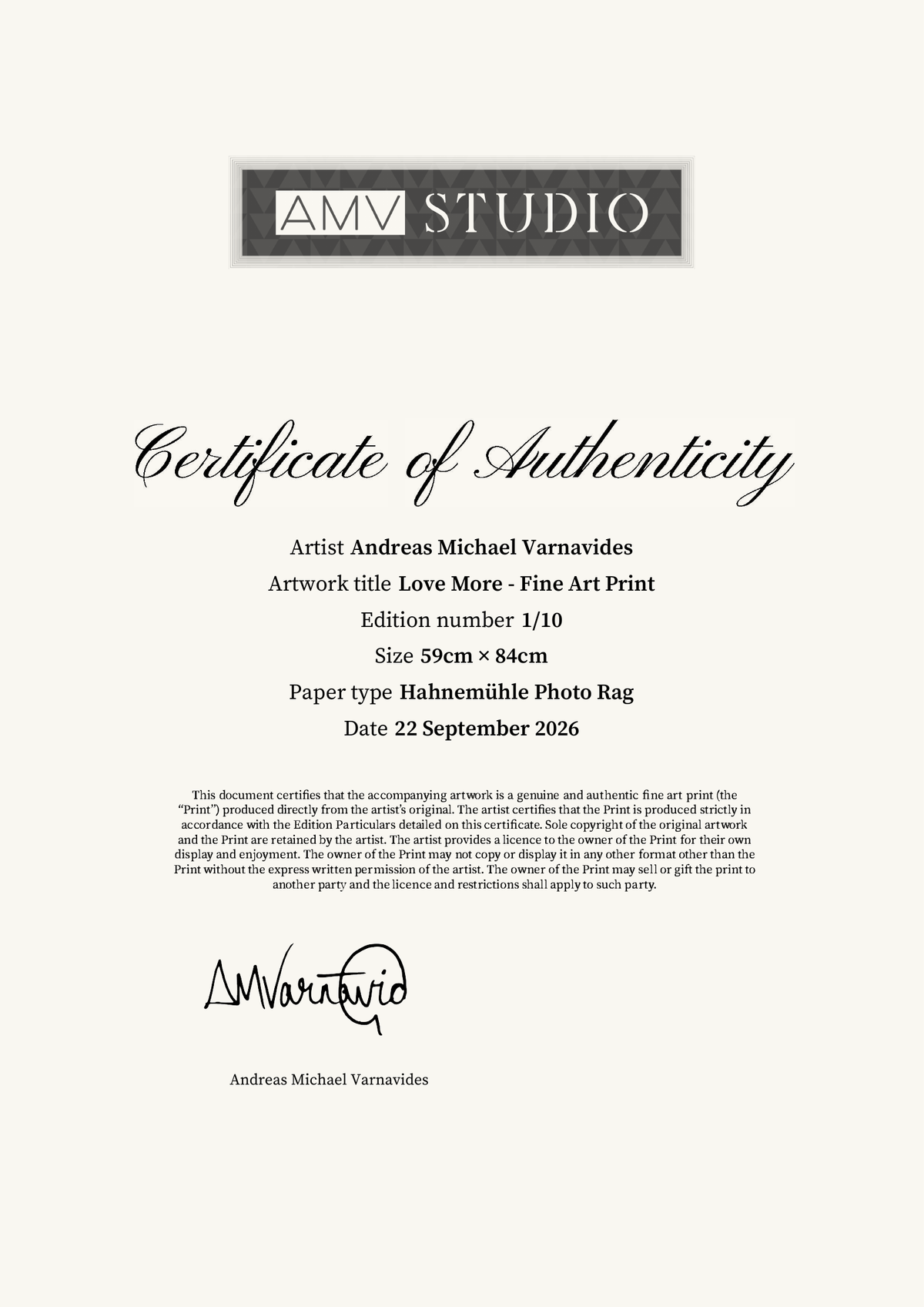 Love More - Fine Art Print — Certificate of Authenticity